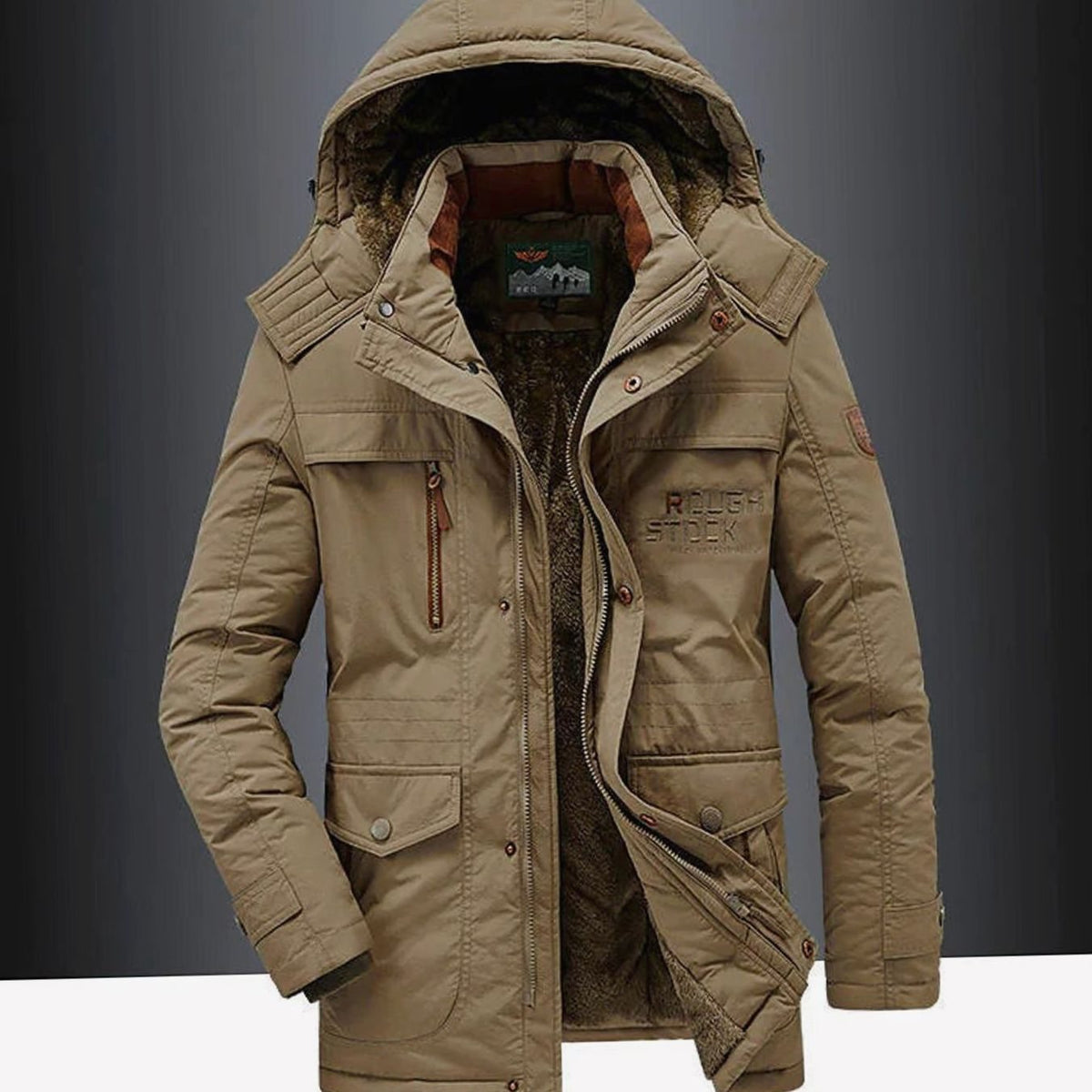 Men's Heavy-Duty Sherpa Hooded Work Jacket with Storm Placket - Brown