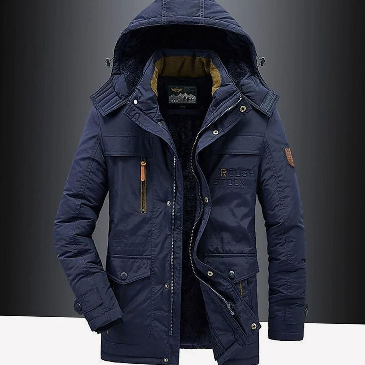 Men's Heavy-Duty Sherpa Hooded Work Jacket with Storm Placket - Blue
