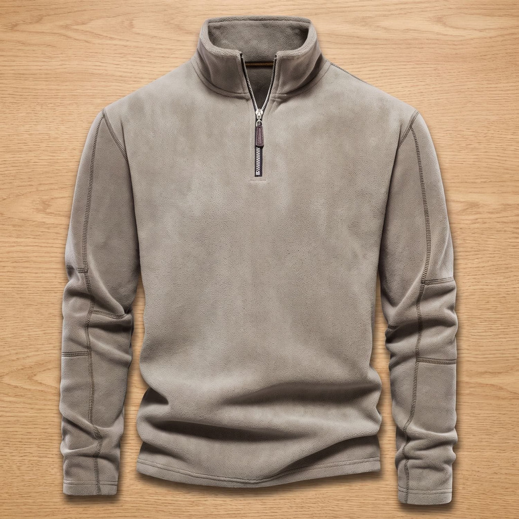 Men's Quarter-Zip Fleece Sweater with Stand Collar and Pockets - Beige