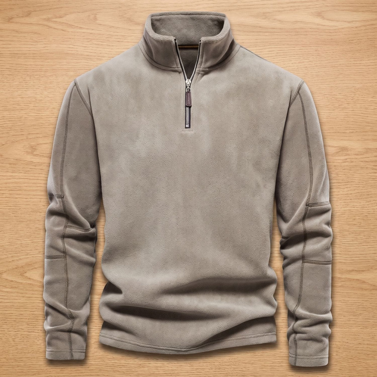 Men's Quarter-Zip Fleece Sweater with Stand Collar and Pockets - Beige