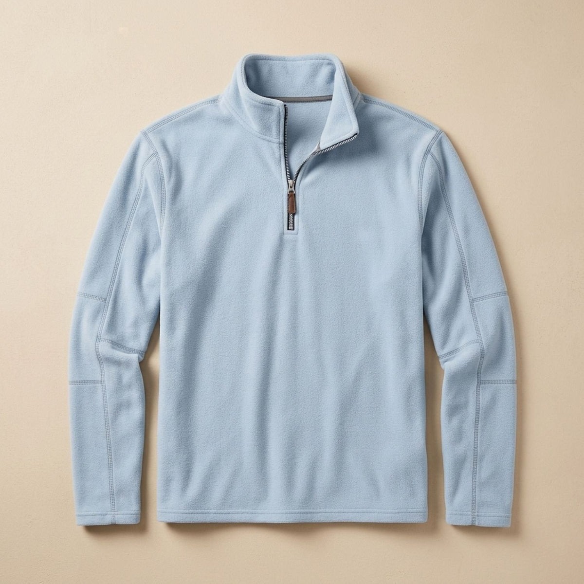 Men's Quarter-Zip Fleece Sweater with Stand Collar and Pockets - Light Blue