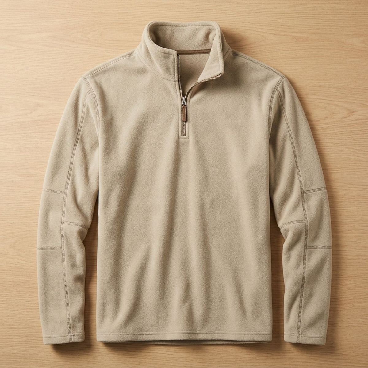 Men's Quarter-Zip Fleece Sweater with Stand Collar and Pockets - Khaki