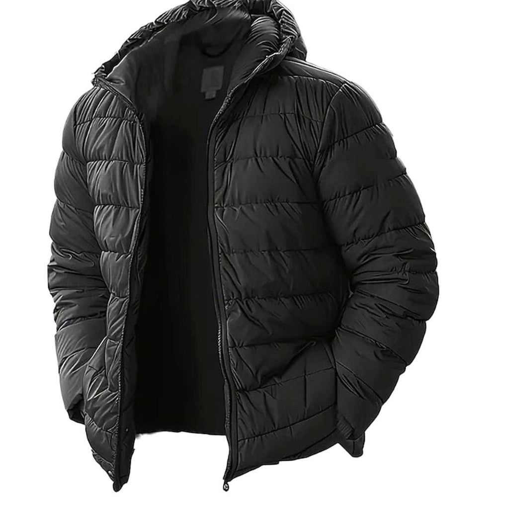 Men's Glossy Shell Channel-Quilted Puffer Coat with Hood - Black