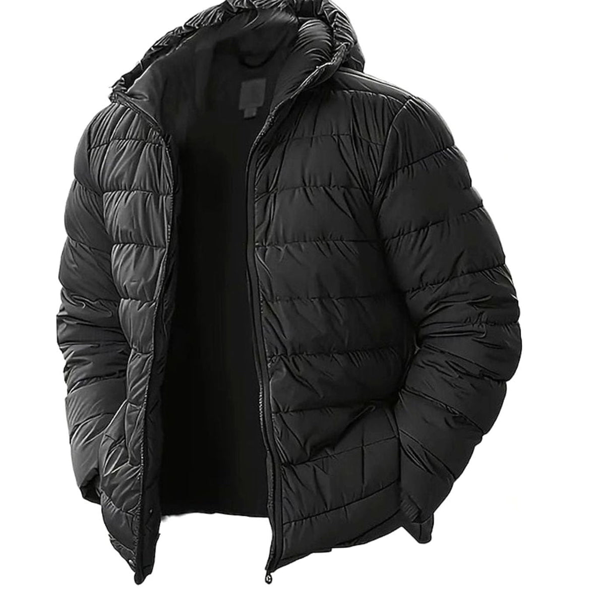 Men's Glossy Shell Channel-Quilted Puffer Coat with Hood - Black