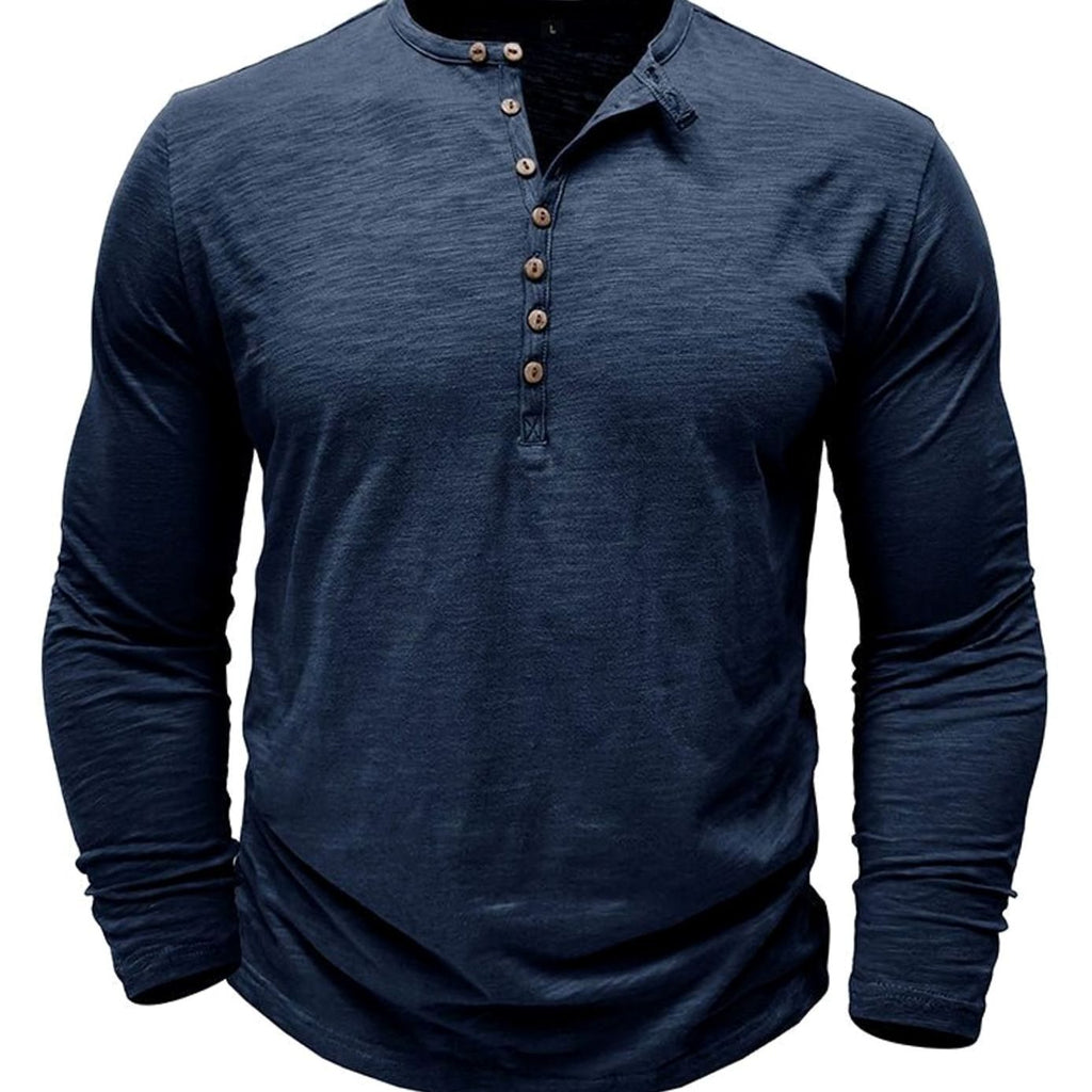 Men's Long-Sleeve Button Henley Shirt in Soft Fabric - Navy Blue