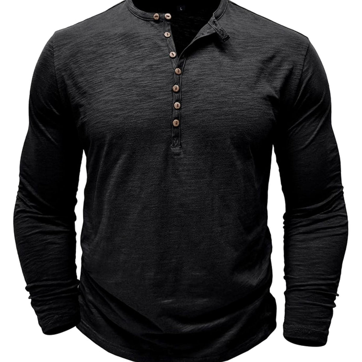 Men's Long-Sleeve Button Henley Shirt in Soft Fabric - Black