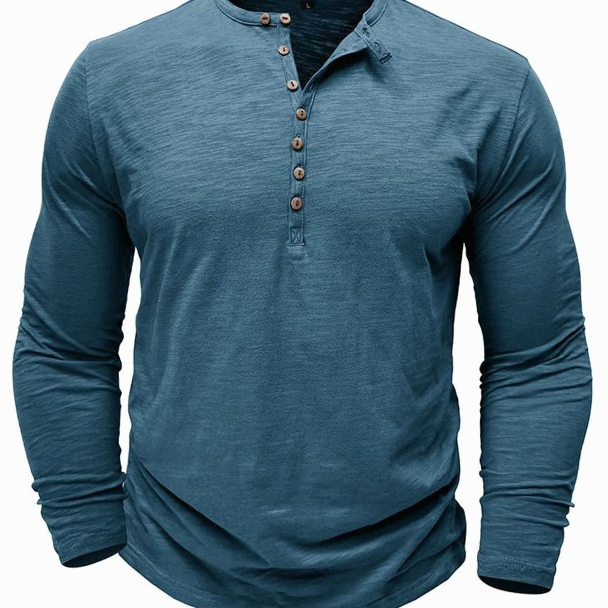 Men's Long-Sleeve Button Henley Shirt in Soft Fabric - Denim Blue