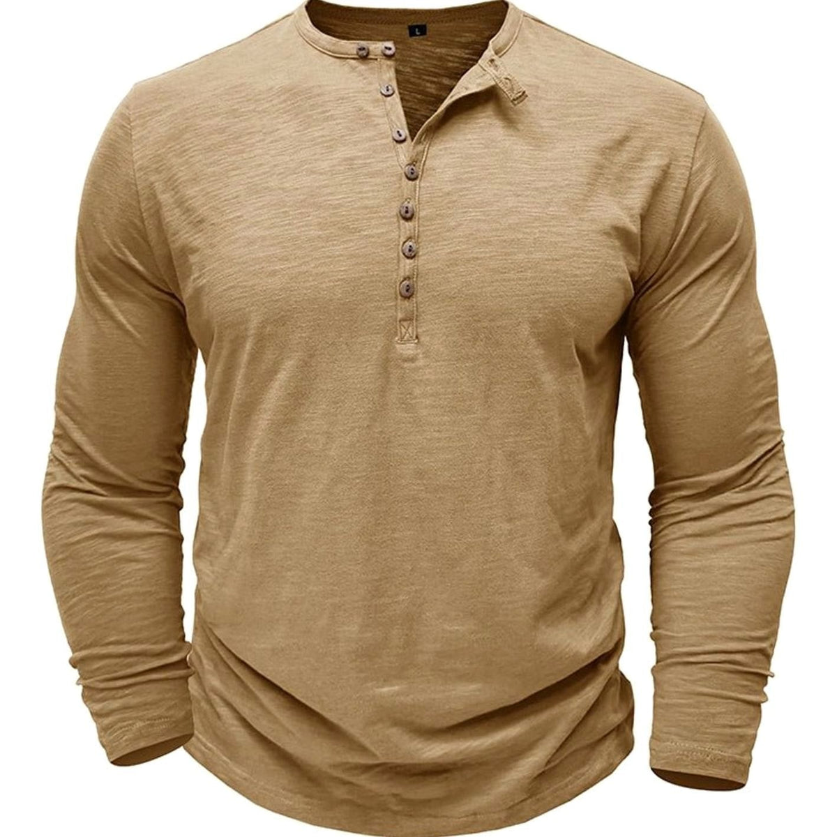 Men's Long-Sleeve Button Henley Shirt in Soft Fabric - Khaki