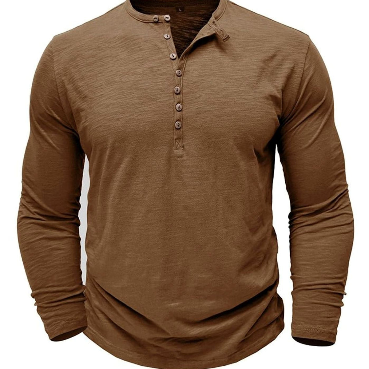 Men's Long-Sleeve Button Henley Shirt in Soft Fabric - Brown