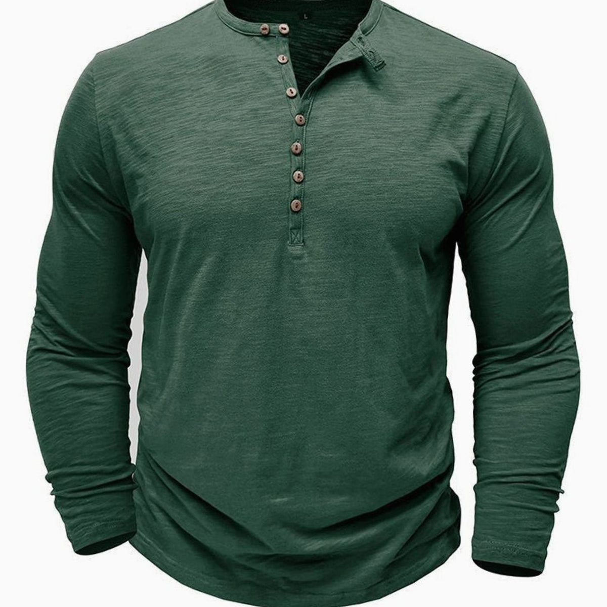 Men's Long-Sleeve Button Henley Shirt in Soft Fabric - Dark Green