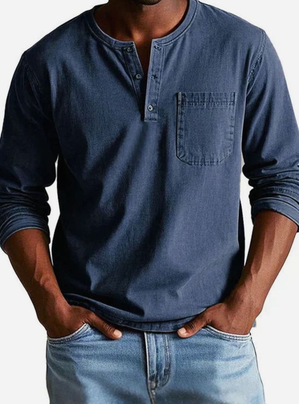 Men's Button Henley Shirt with Utility Chest Pocket - Navy Blue