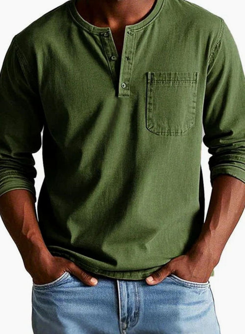 Men's Button Henley Shirt with Utility Chest Pocket - Army Green