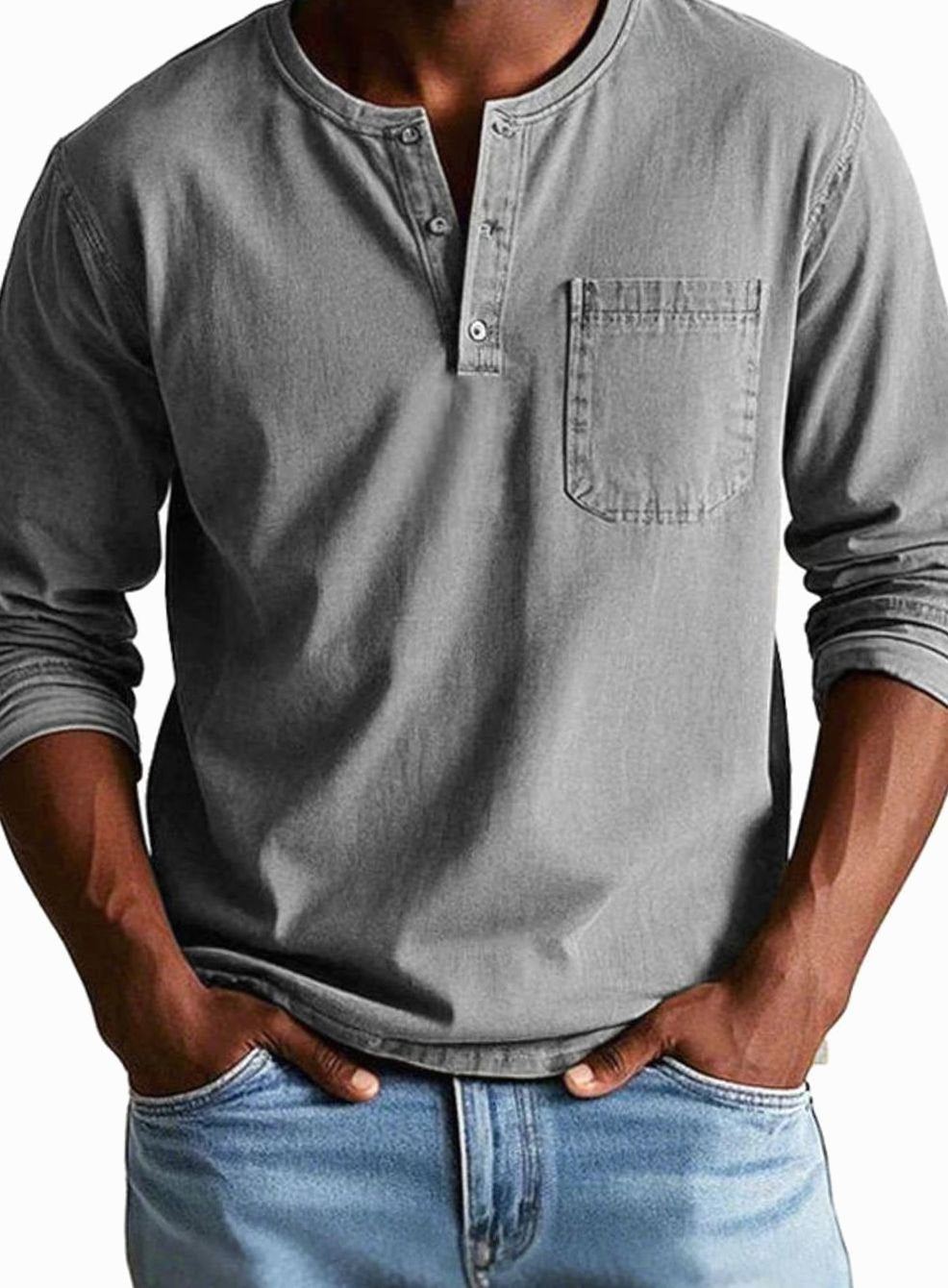 Men's Button Henley Shirt with Utility Chest Pocket - Gray