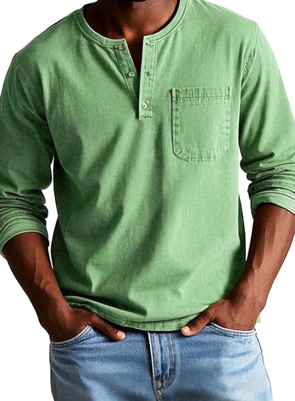 Men's Button Henley Shirt with Utility Chest Pocket - Green