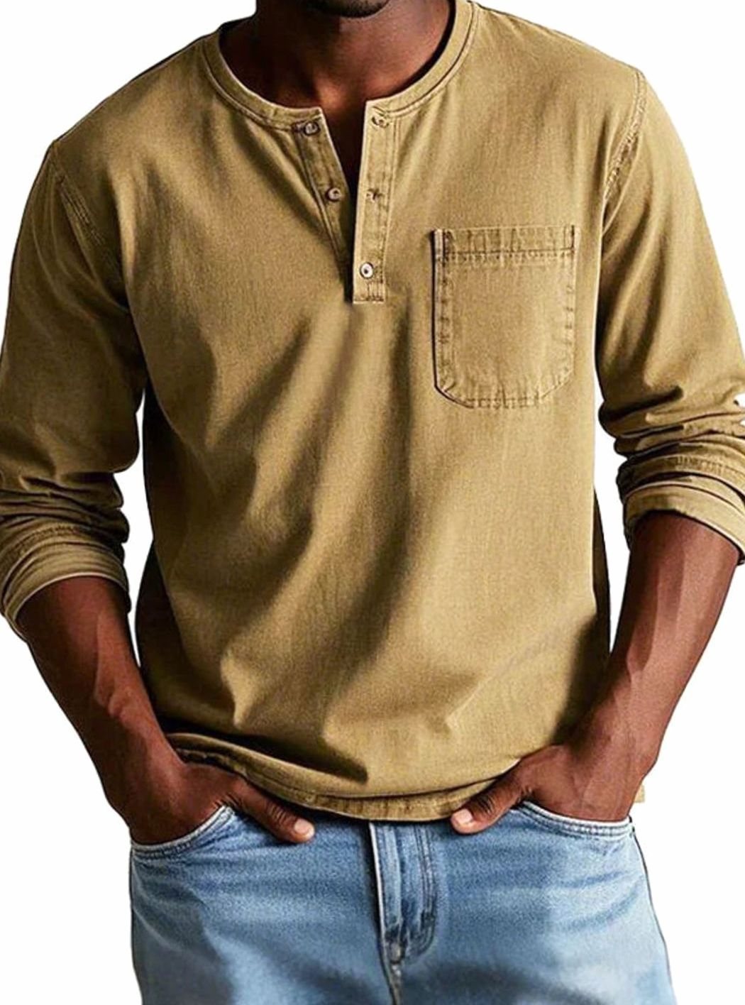 Men's Button Henley Shirt with Utility Chest Pocket - Khaki