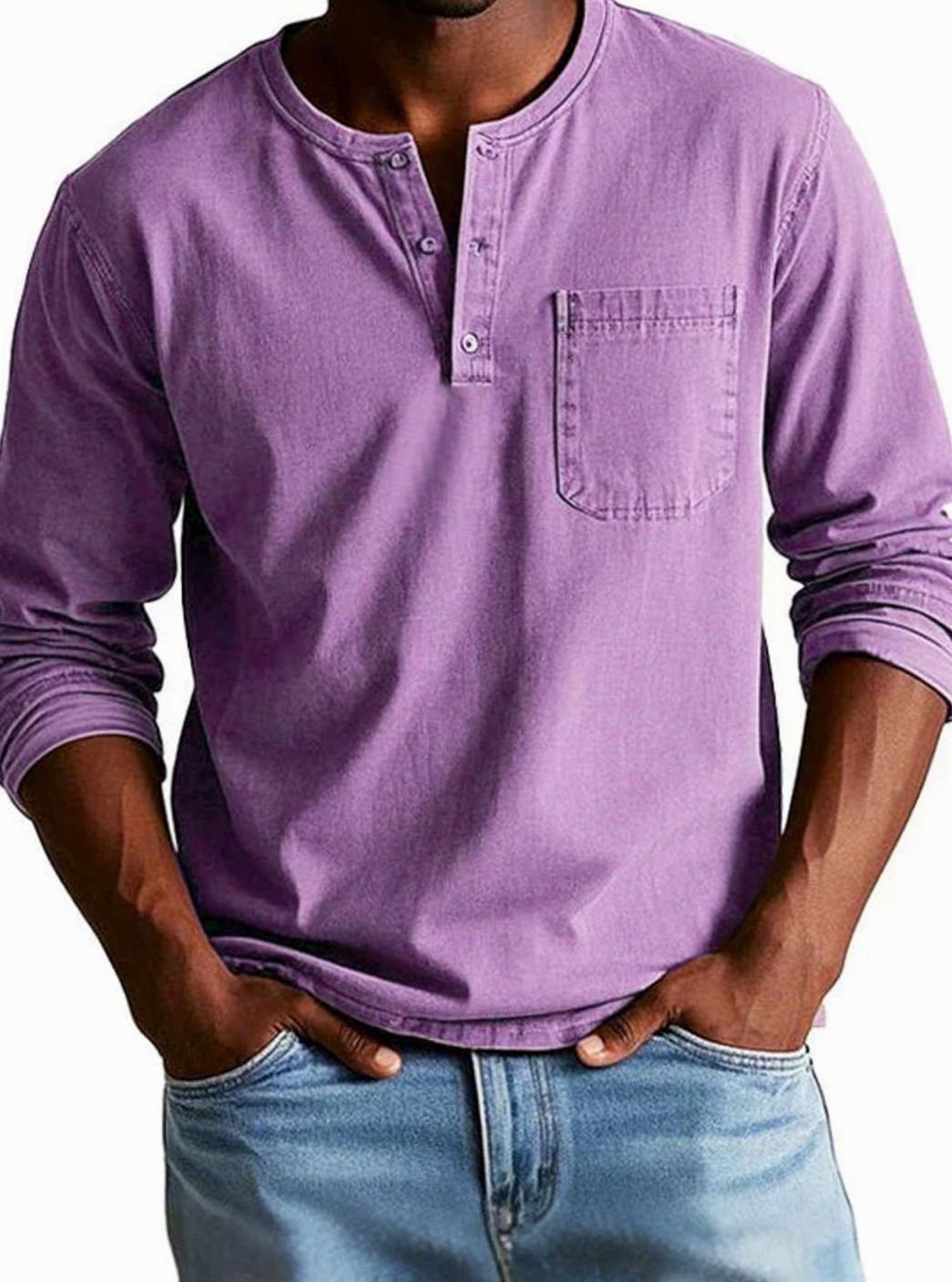 Men's Button Henley Shirt with Utility Chest Pocket - Purple