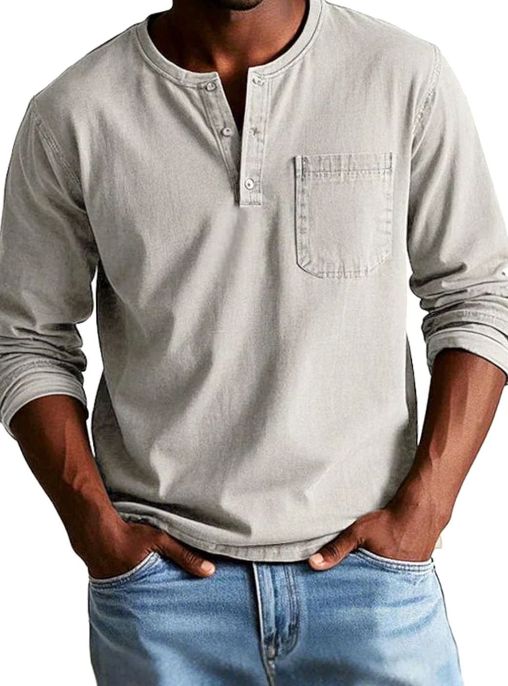 Men's Button Henley Shirt with Utility Chest Pocket - Beige