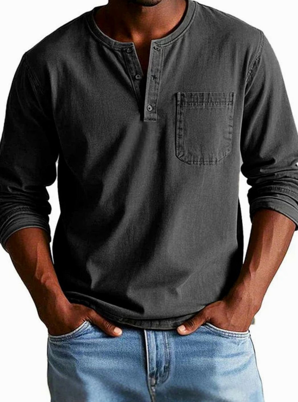 Men's Button Henley Shirt with Utility Chest Pocket - Black