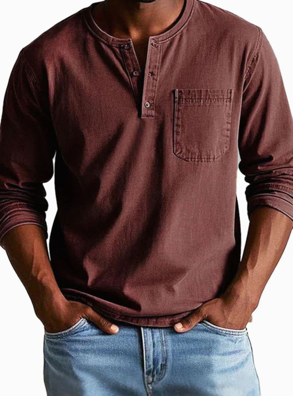 Men's Button Henley Shirt with Utility Chest Pocket - Red
