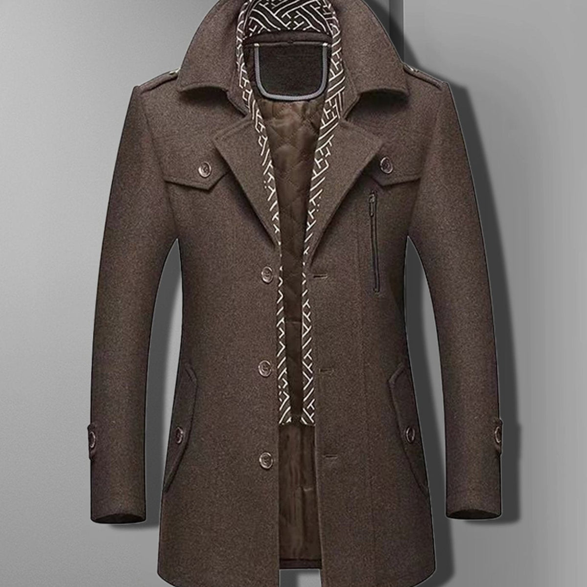 Men's Military-Inspired Quilted Overcoat with Double-Breasted Front - Brown