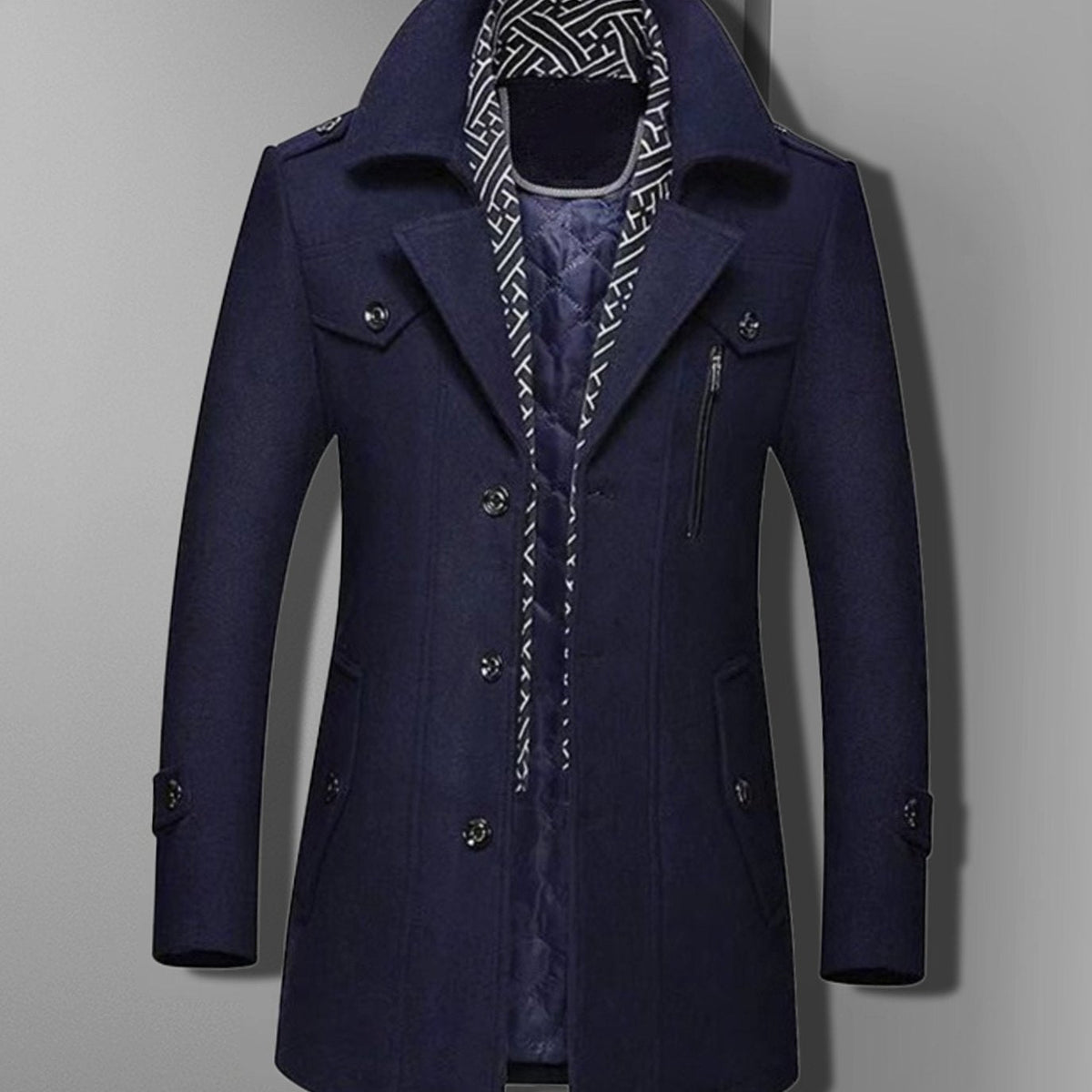 Men's Military-Inspired Quilted Overcoat with Double-Breasted Front - Blue