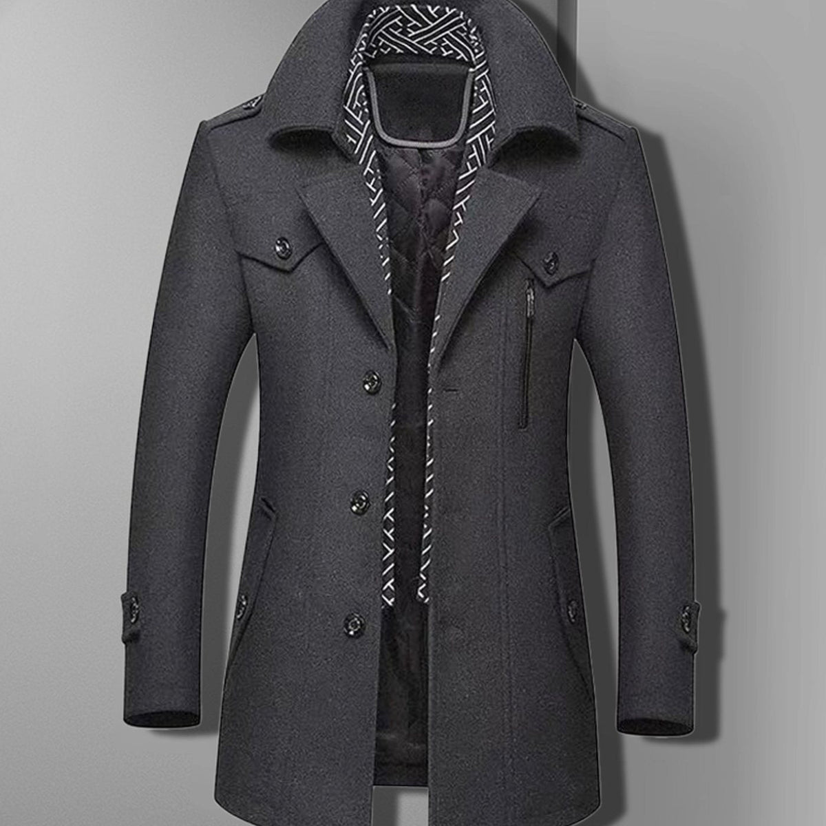 Men's Military-Inspired Quilted Overcoat with Double-Breasted Front - Gray