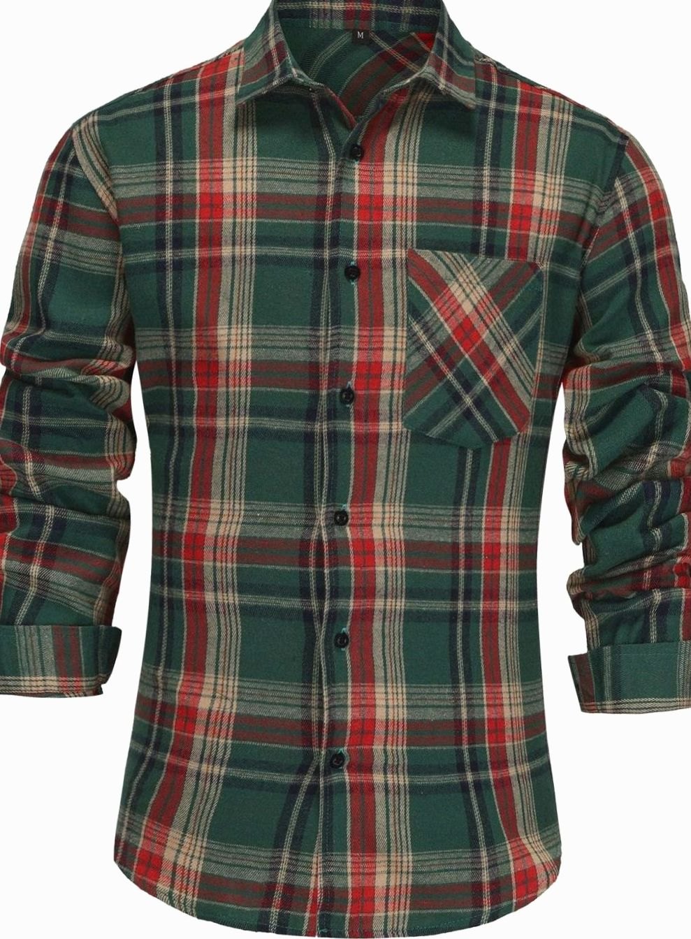 Men's Plaid Flannel Layering Shirt with Patch Pocket - Red Green