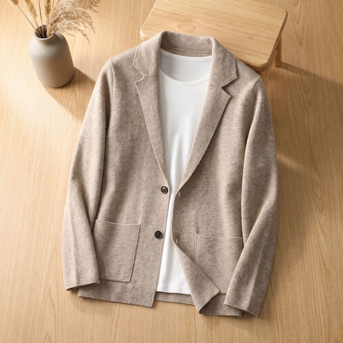 Men's Soft Knit Sweater Blazer with Notched Lapels - Sandstone Beige