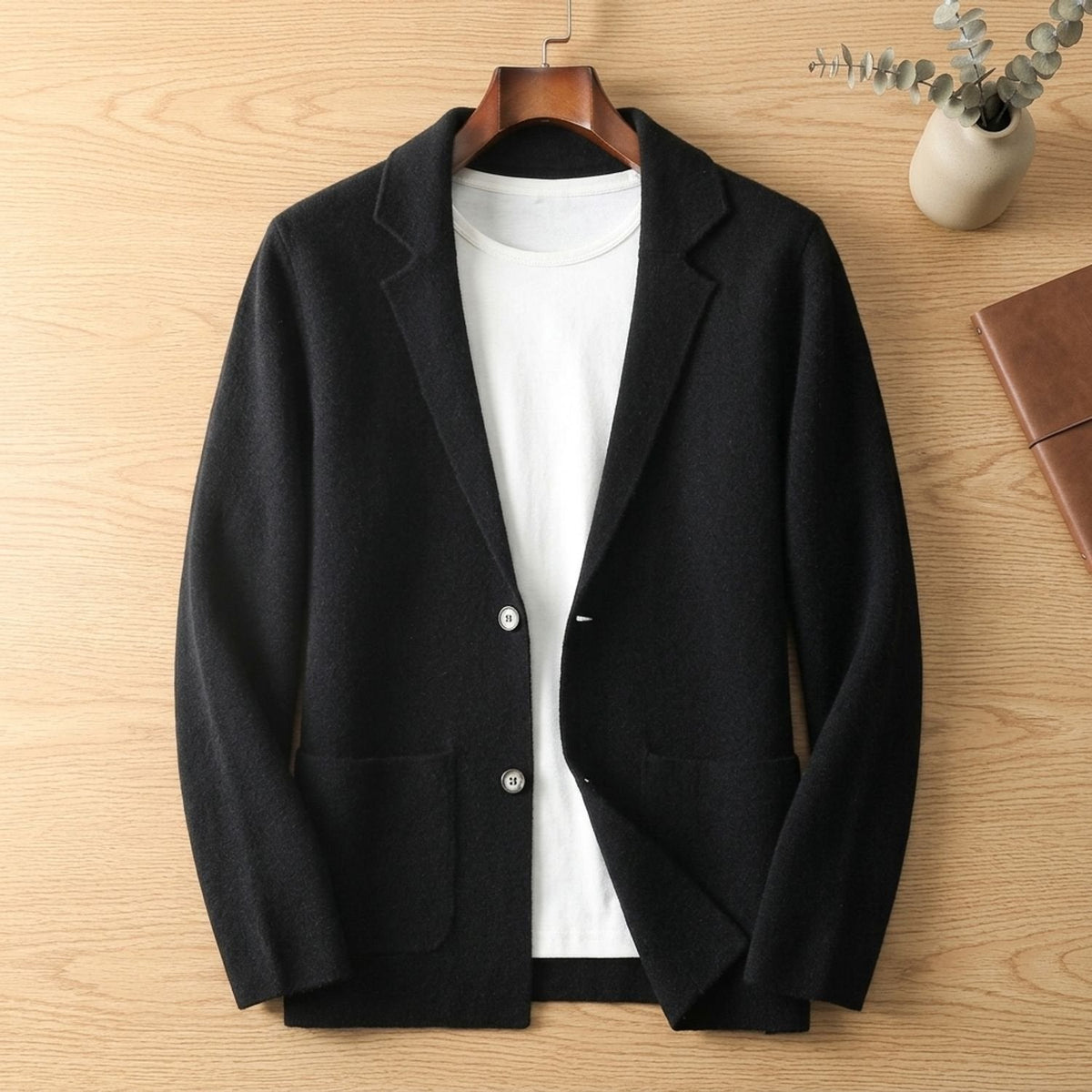 Men's Soft Knit Sweater Blazer with Notched Lapels - Classic Black