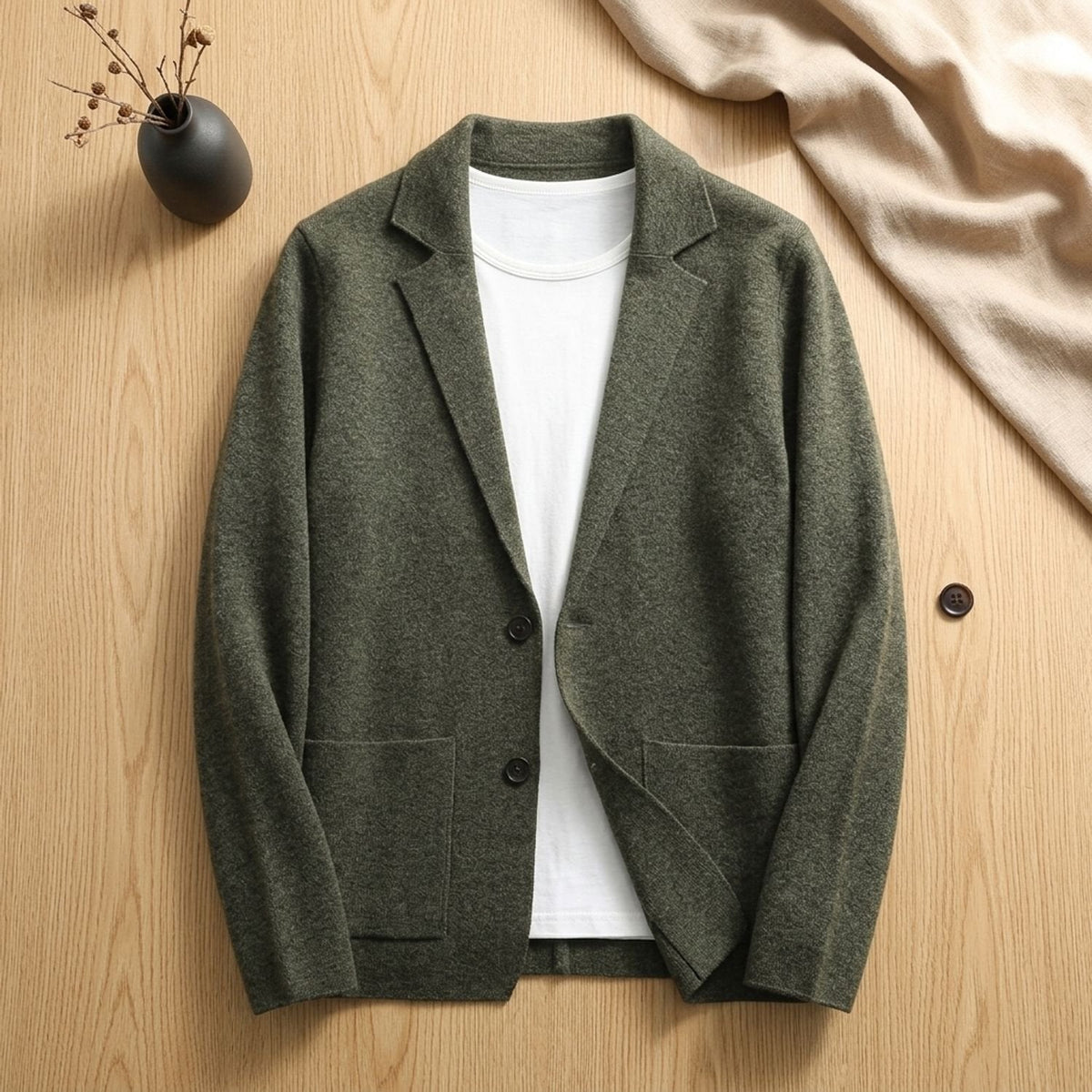Men's Soft Knit Sweater Blazer with Notched Lapels - Olive Green
