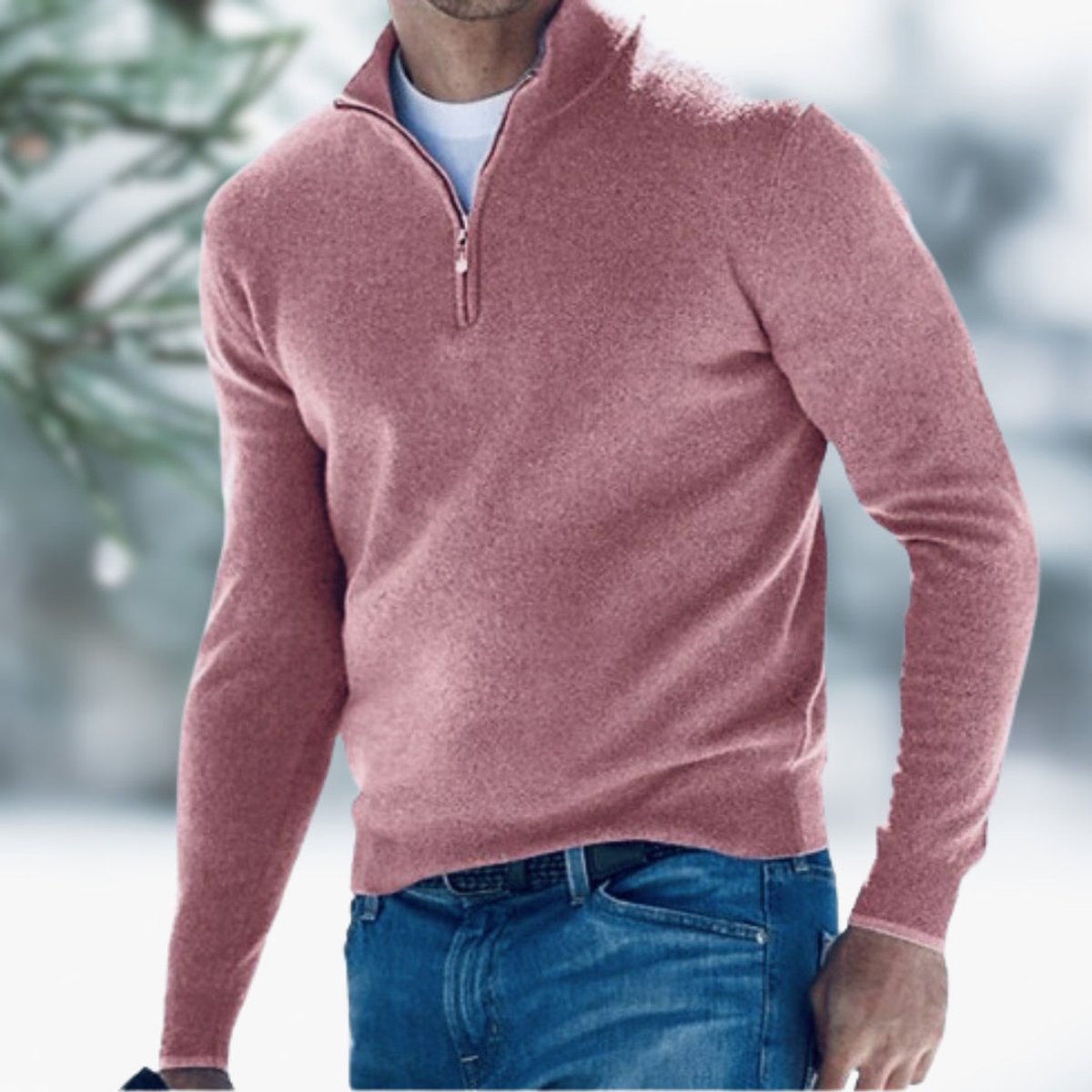 Men's Fine-Knit Quarter-Zip Sweater with Slim Layering Fit - Pink