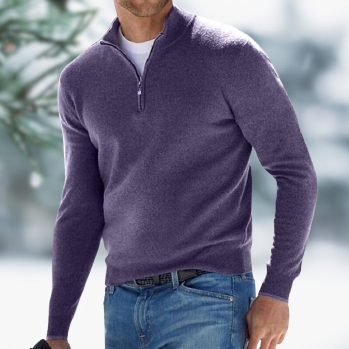 Men's Fine-Knit Quarter-Zip Sweater with Slim Layering Fit - Purple