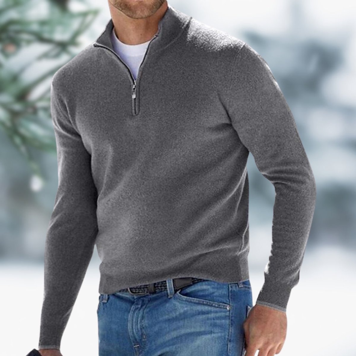 Men's Fine-Knit Quarter-Zip Sweater with Slim Layering Fit - Gray
