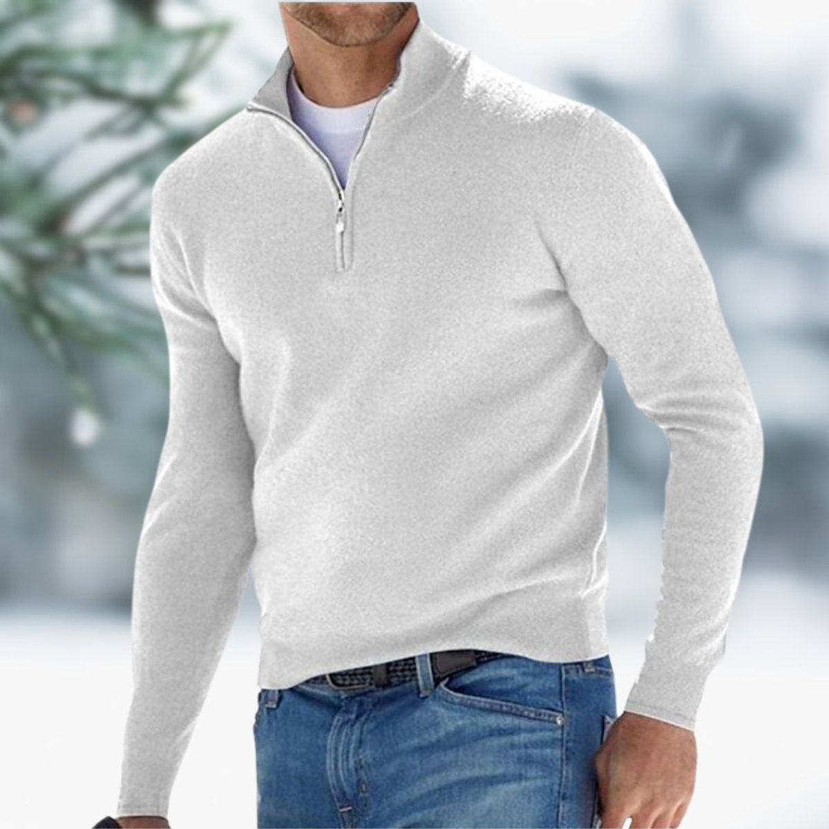 Men's Fine-Knit Quarter-Zip Sweater with Slim Layering Fit - White