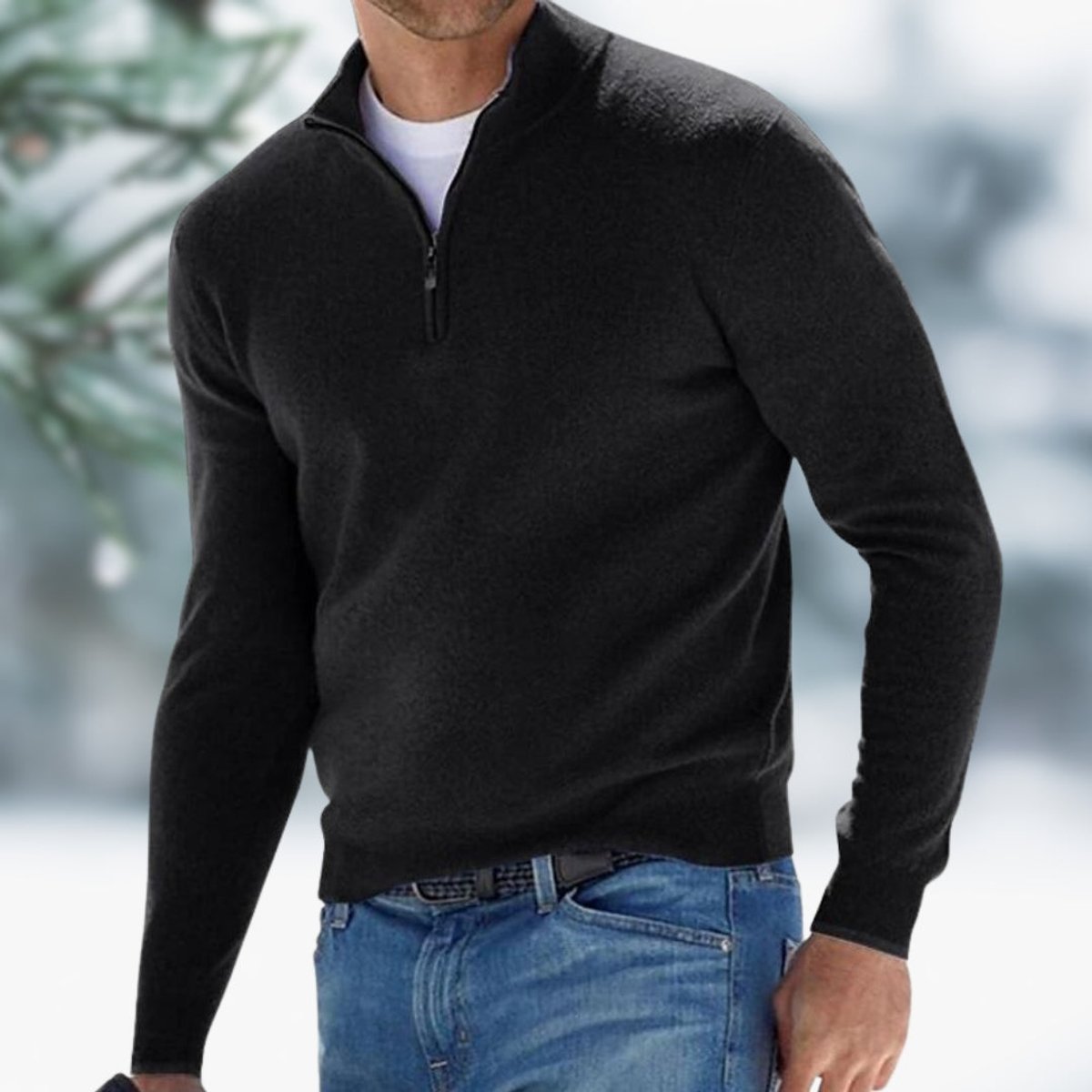 Men's Fine-Knit Quarter-Zip Sweater with Slim Layering Fit - Black