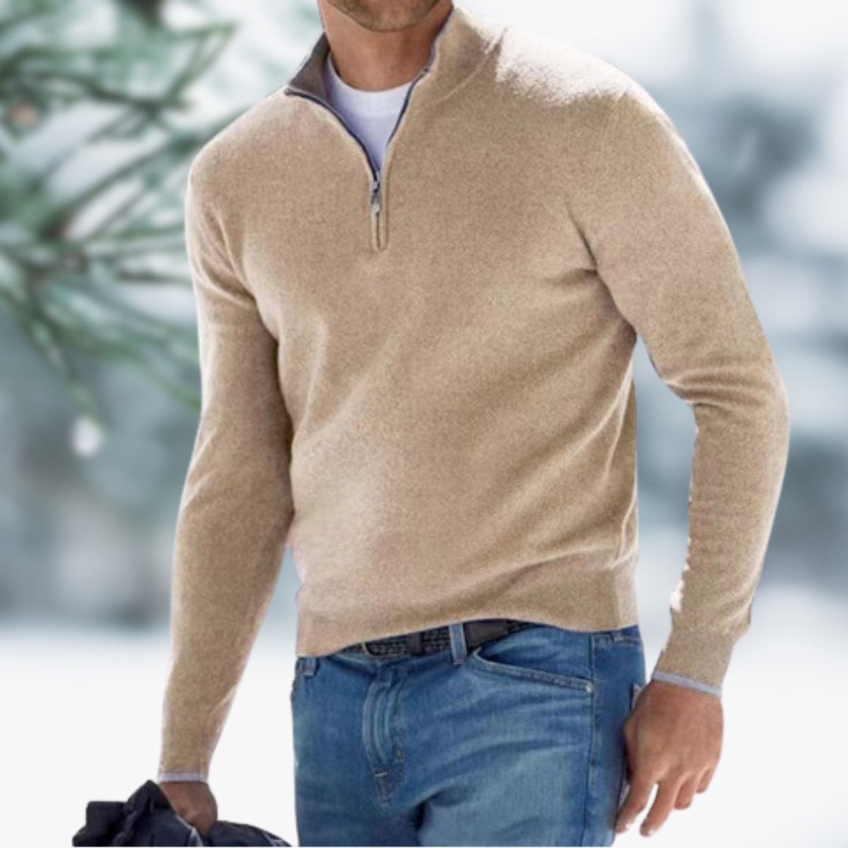 Men's Fine-Knit Quarter-Zip Sweater with Slim Layering Fit - Apricot
