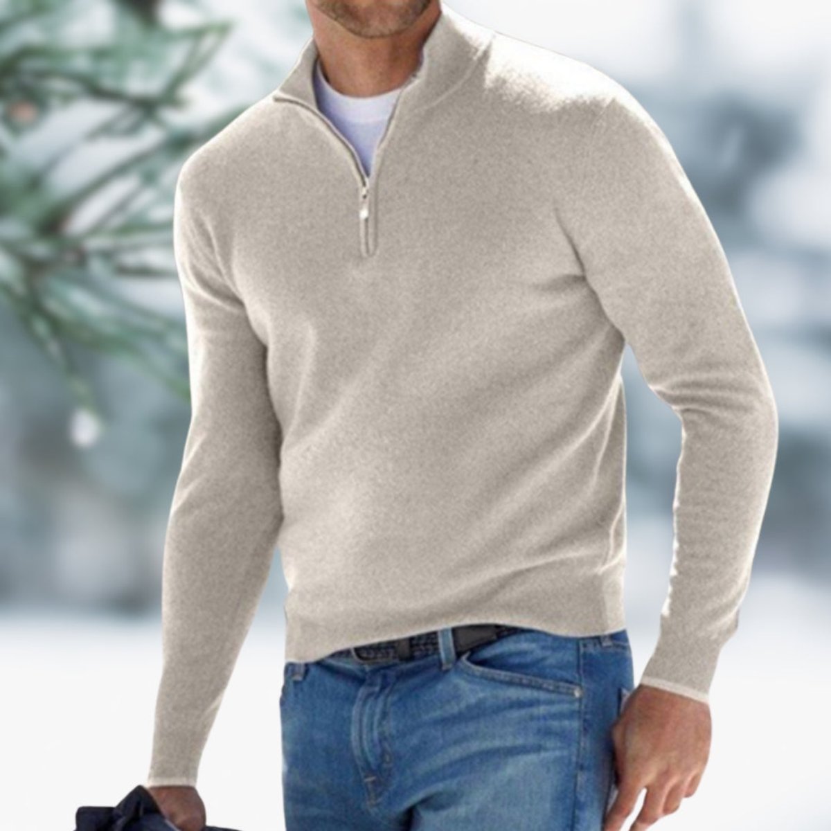 Men's Fine-Knit Quarter-Zip Sweater with Slim Layering Fit - Khaki