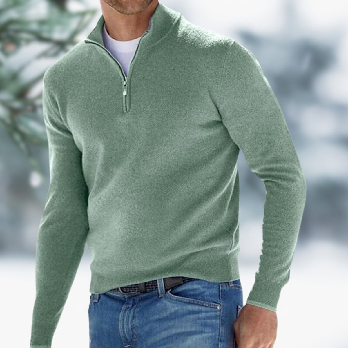 Men's Fine-Knit Quarter-Zip Sweater with Slim Layering Fit - Green