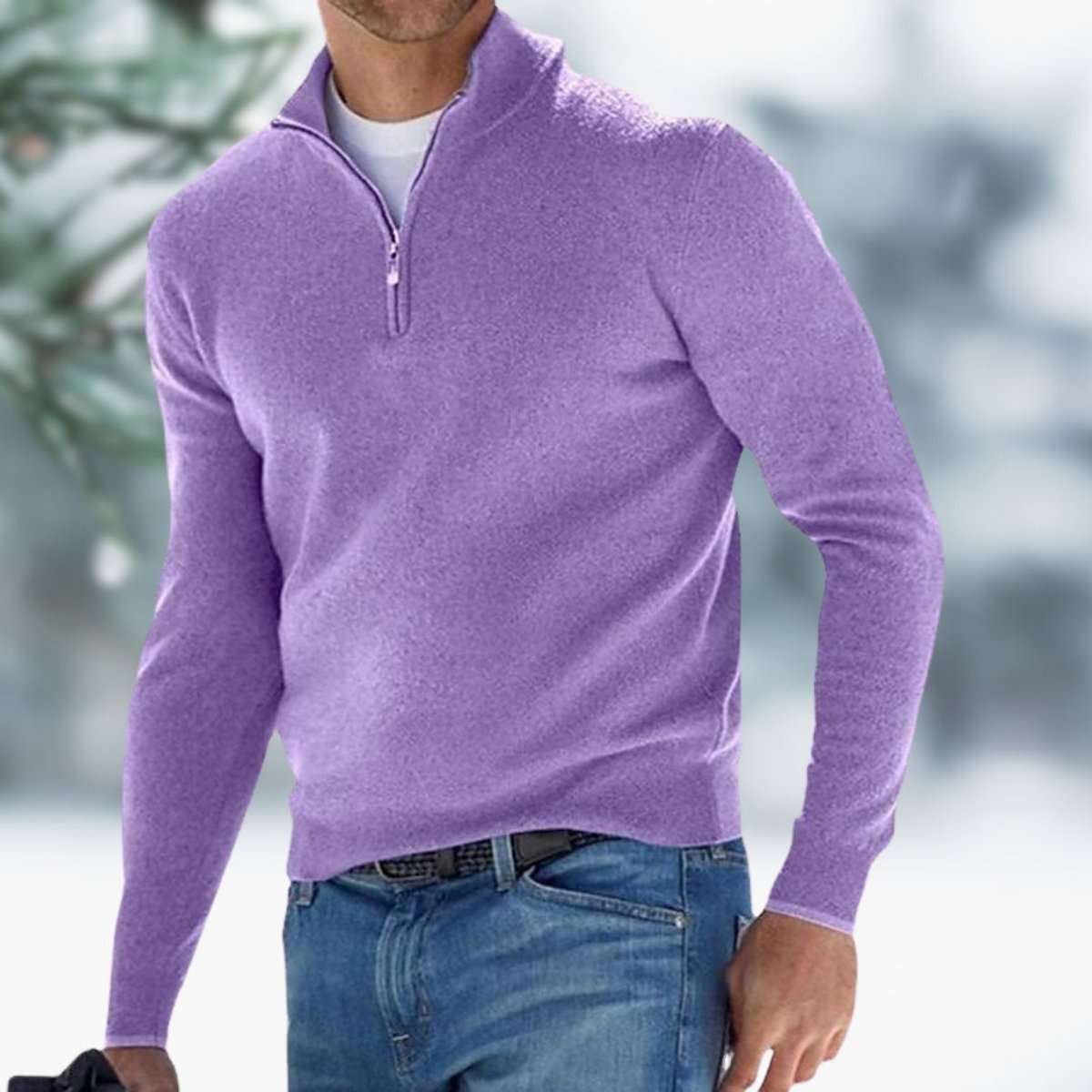 Men's Fine-Knit Quarter-Zip Sweater with Slim Layering Fit - Light Purple