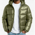 Men's Shiny Quilted Puffer Jacket for Cold Commutes - Green