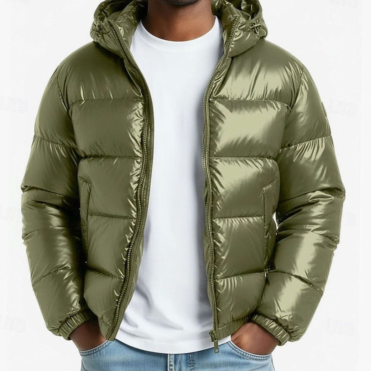 Men's Shiny Quilted Puffer Jacket for Cold Commutes - Green