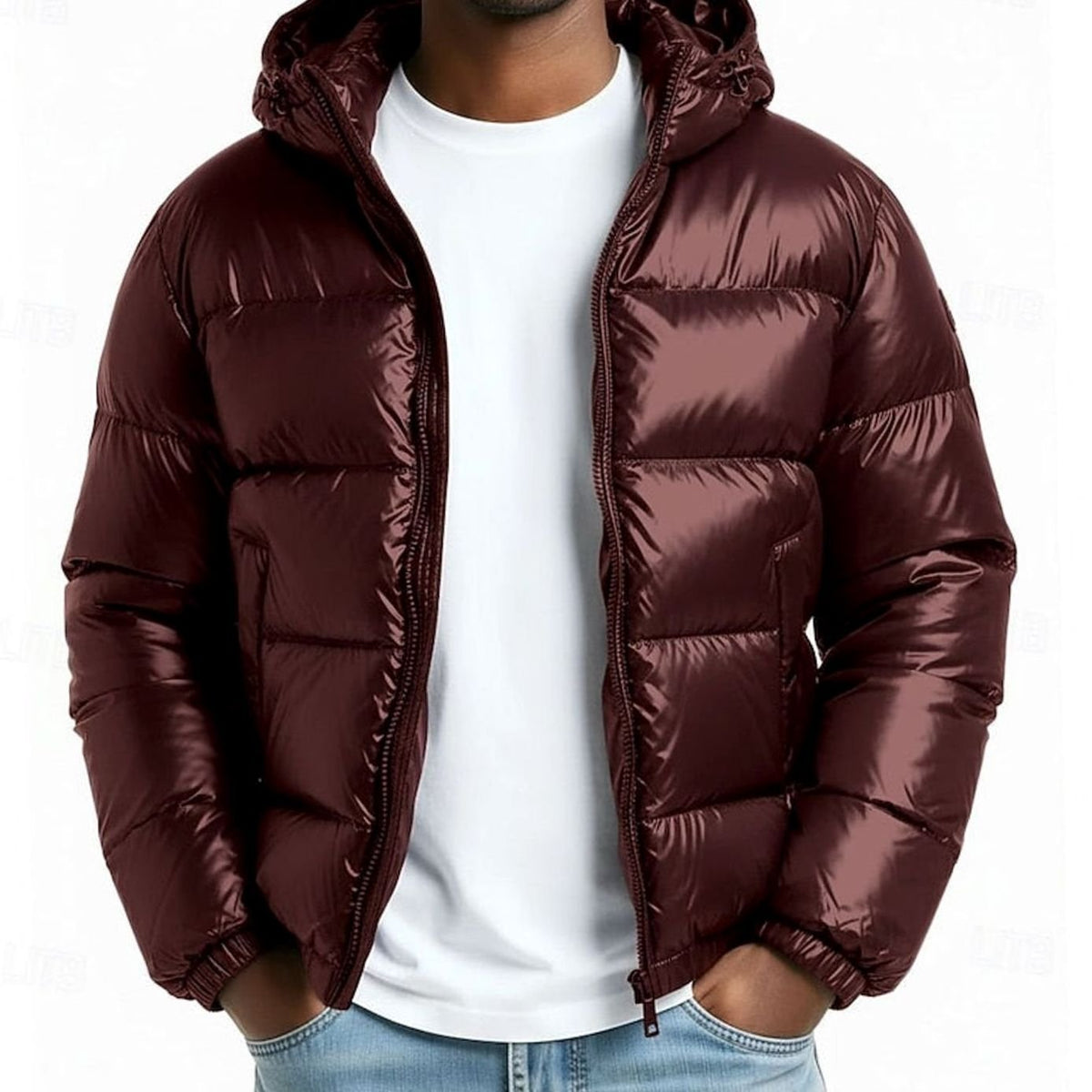 Men's Shiny Quilted Puffer Jacket for Cold Commutes - Wine