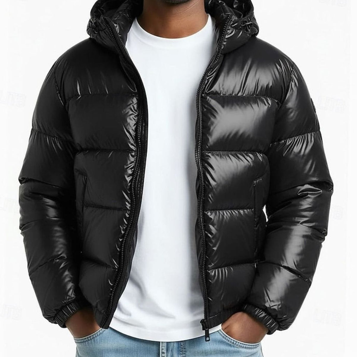 Men's Shiny Quilted Puffer Jacket for Cold Commutes - Black