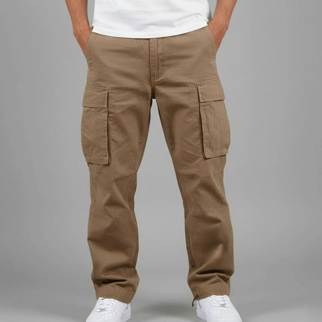 Men's Generous-Cut Streetwear Cargo Pants with Flap Pockets - Brown