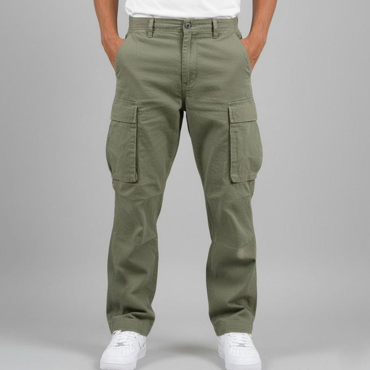 Men's Generous-Cut Streetwear Cargo Pants with Flap Pockets - Dark Green
