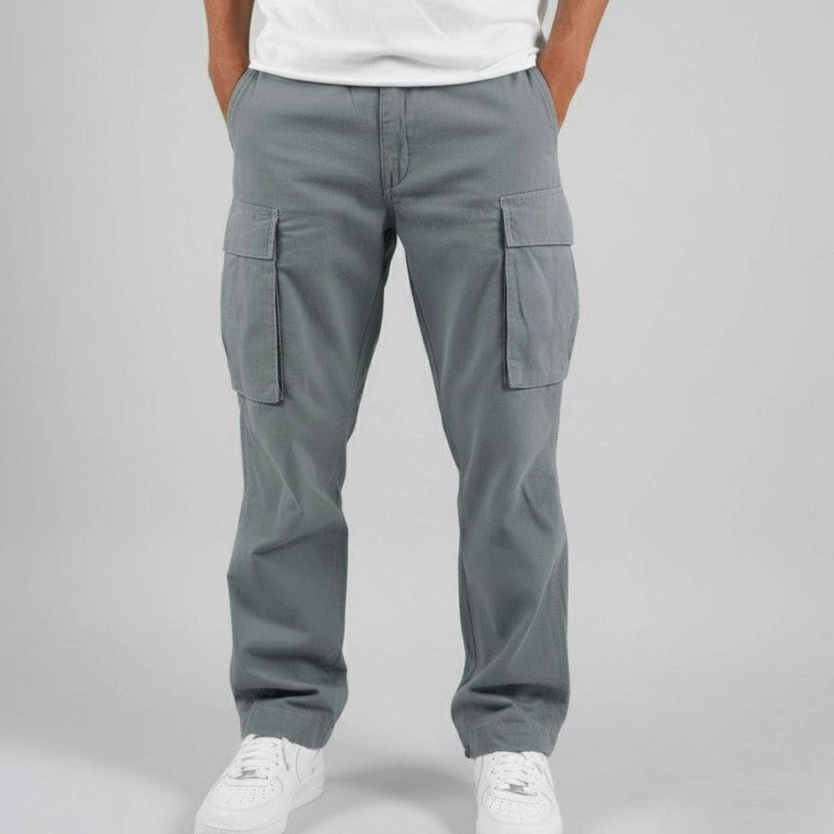 Men's Generous-Cut Streetwear Cargo Pants with Flap Pockets - Gray