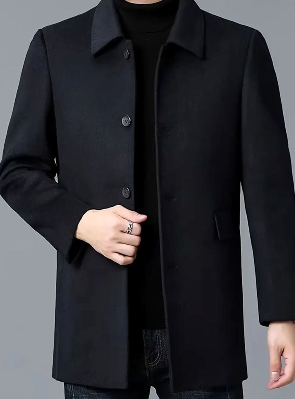 Men's Structured Wool Topcoat for Office and Weekend - Black