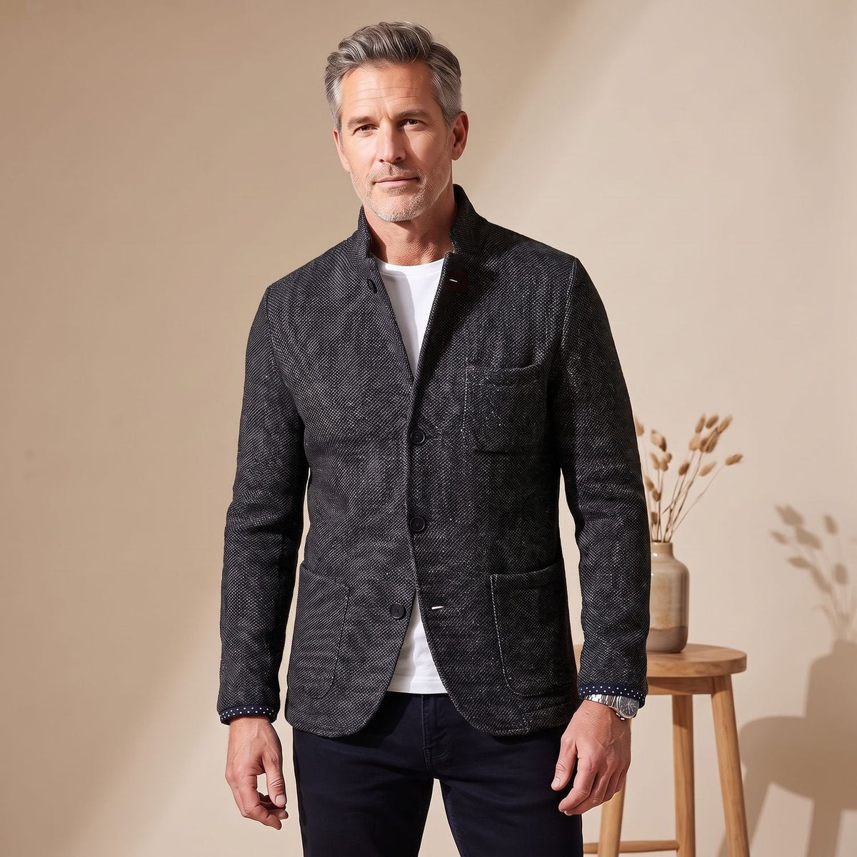 Men's Structured Slim Knit Blazer with Soft Cuffs - Black