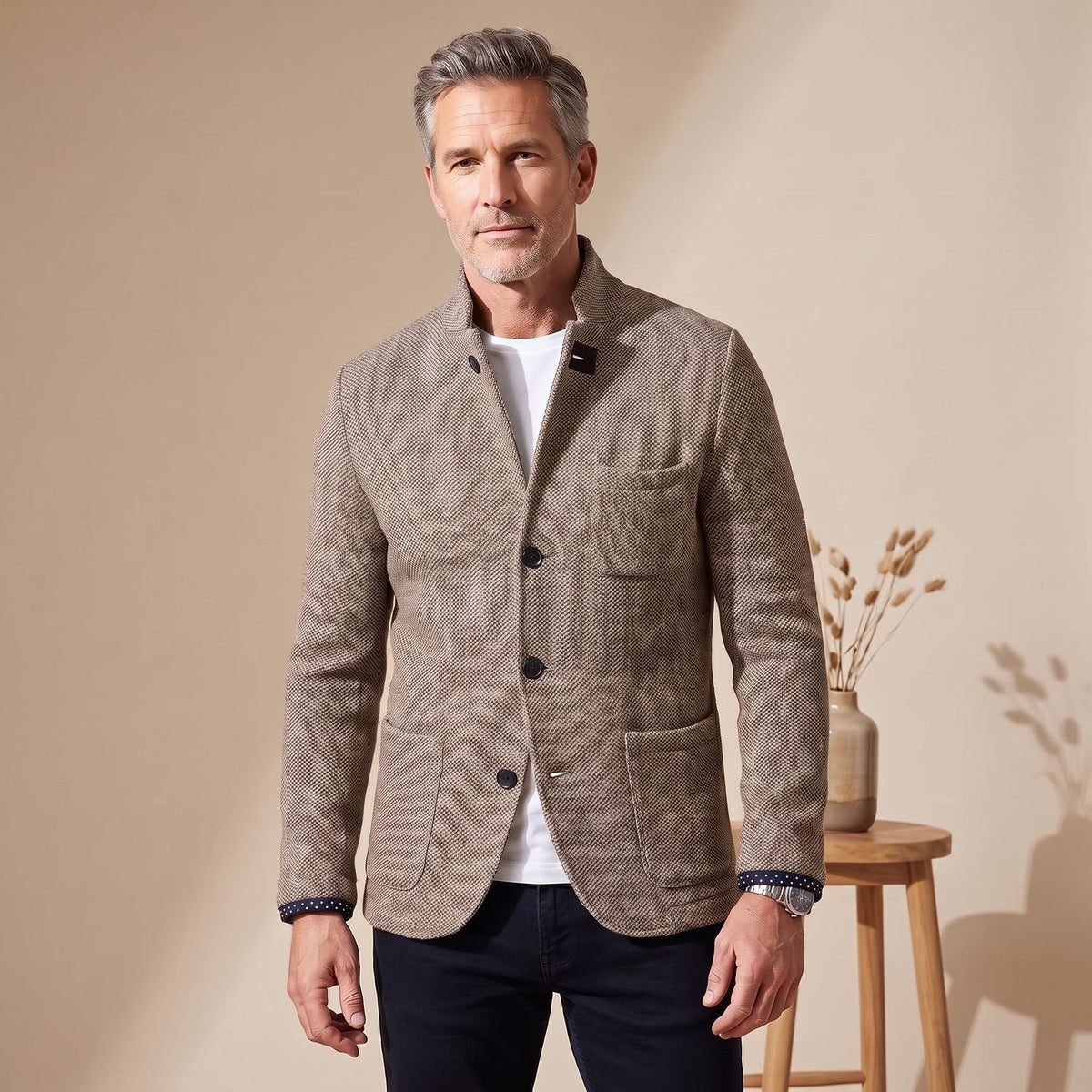 Men's Structured Slim Knit Blazer with Soft Cuffs - Khaki