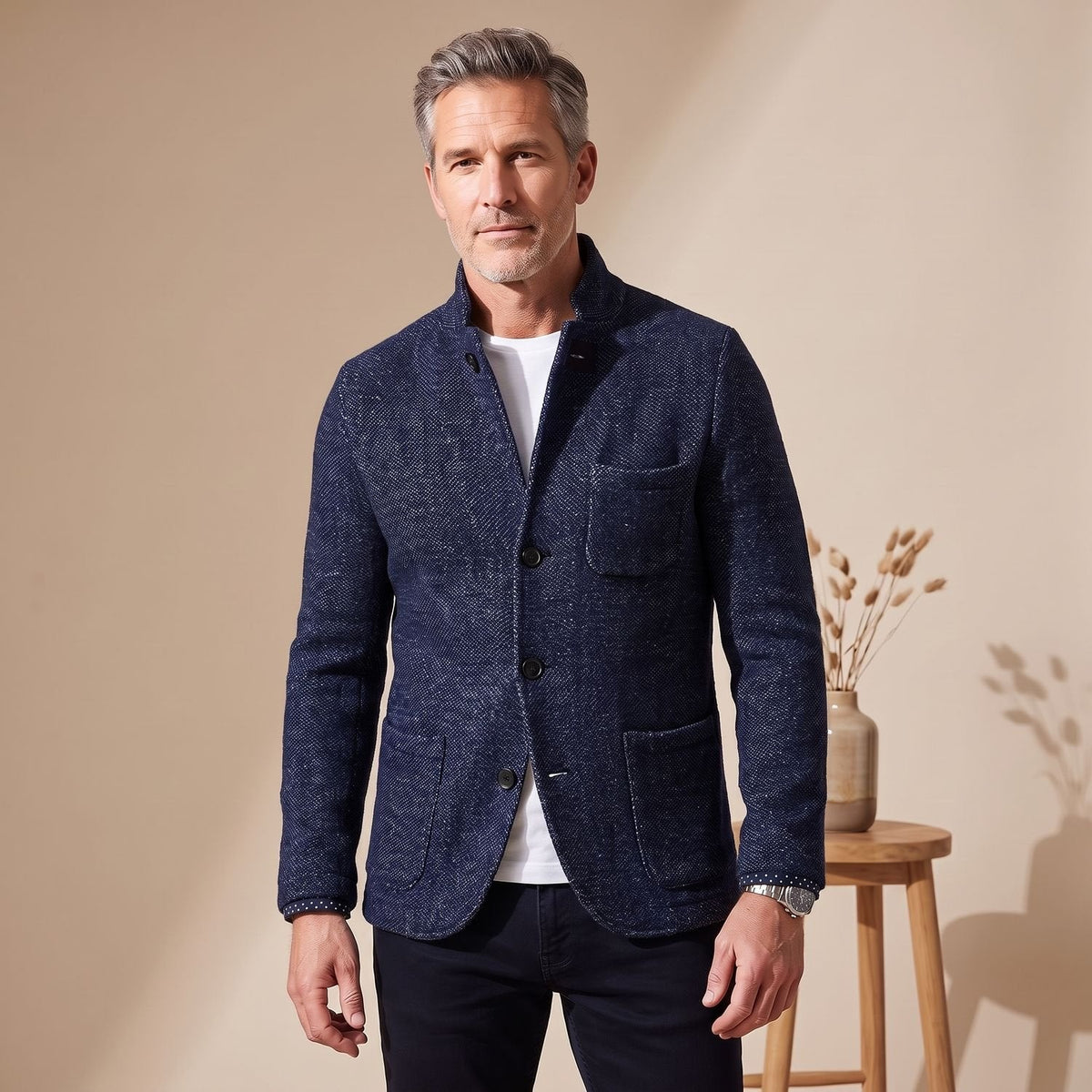 Men's Structured Slim Knit Blazer with Soft Cuffs - Navy Blue